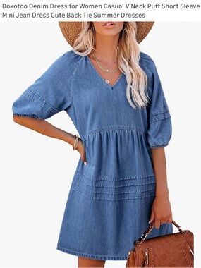 Dokotoo Blue Denim V-Neck Puff Sleeve Mini Dress Large Cute